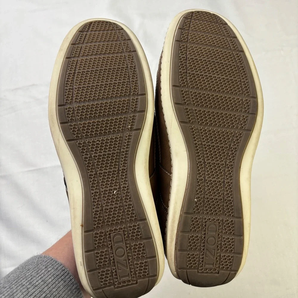 IZOD Mens Brown Faux Leather Memory Foam Boat‎ Shoes Lace Up Size 10 M Preppy